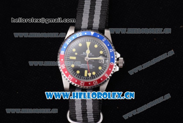 Rolex GMT-Master Asia 2813 Automatic Steel Case with Black Dial Black/Grey Nylon Strap and Red/Blue Bezel - Click Image to Close